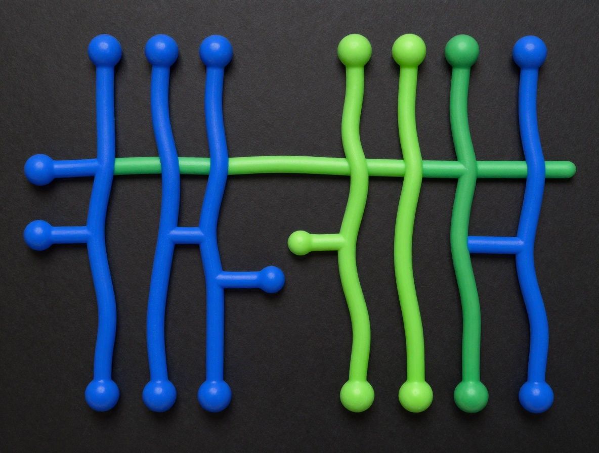 Abstrakt visualisering av ett molekylärt nätverk med glödande blåa och gröna noder förbundna av tunna linjer mot mörk bakgrund, som representerar biologiska samband