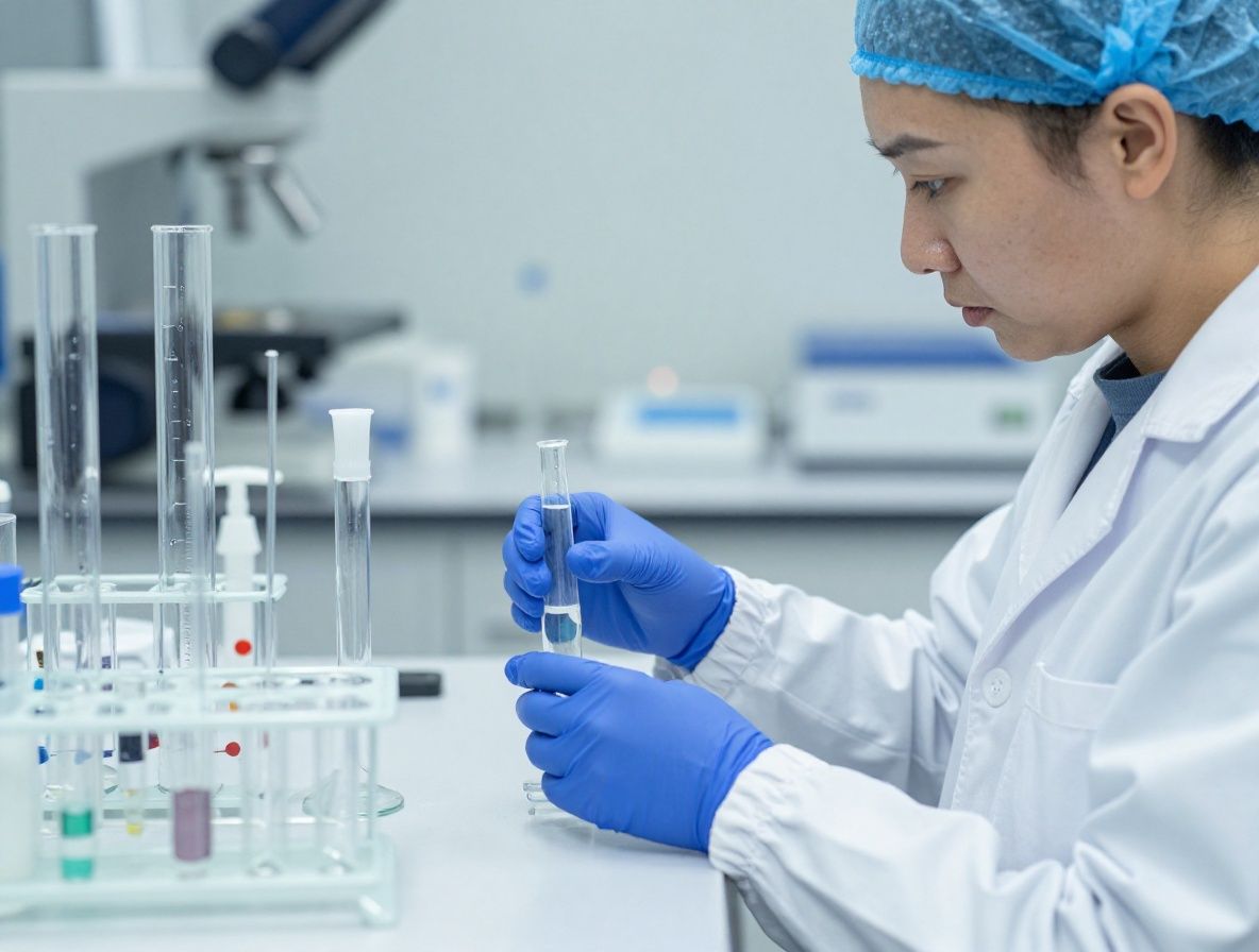 Närbild på glaskolvar och vetenskapliga instrument i ett modernt laboratorium med klart blåaktigt ljus, rena vita ytor och reflektioner i glas som symboliserar analytisk noggrannhet