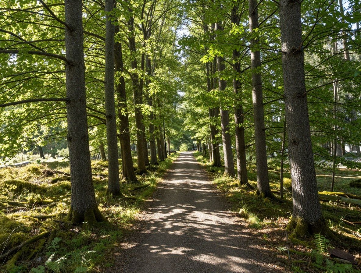 Frodig grön skog med solstrålar som tränger igenom täta lövverk och skapar ett dramatiskt naturligt ljusmönster på en stig täckt av ormbunkar