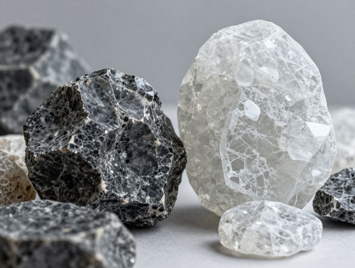 Närbild av färgglada mineralstenar och kristallformationer – ametist, kvarts och kalcit – fotograferade mot svart bakgrund med dramatisk riktad belysning som belyser deras geologiska texturer