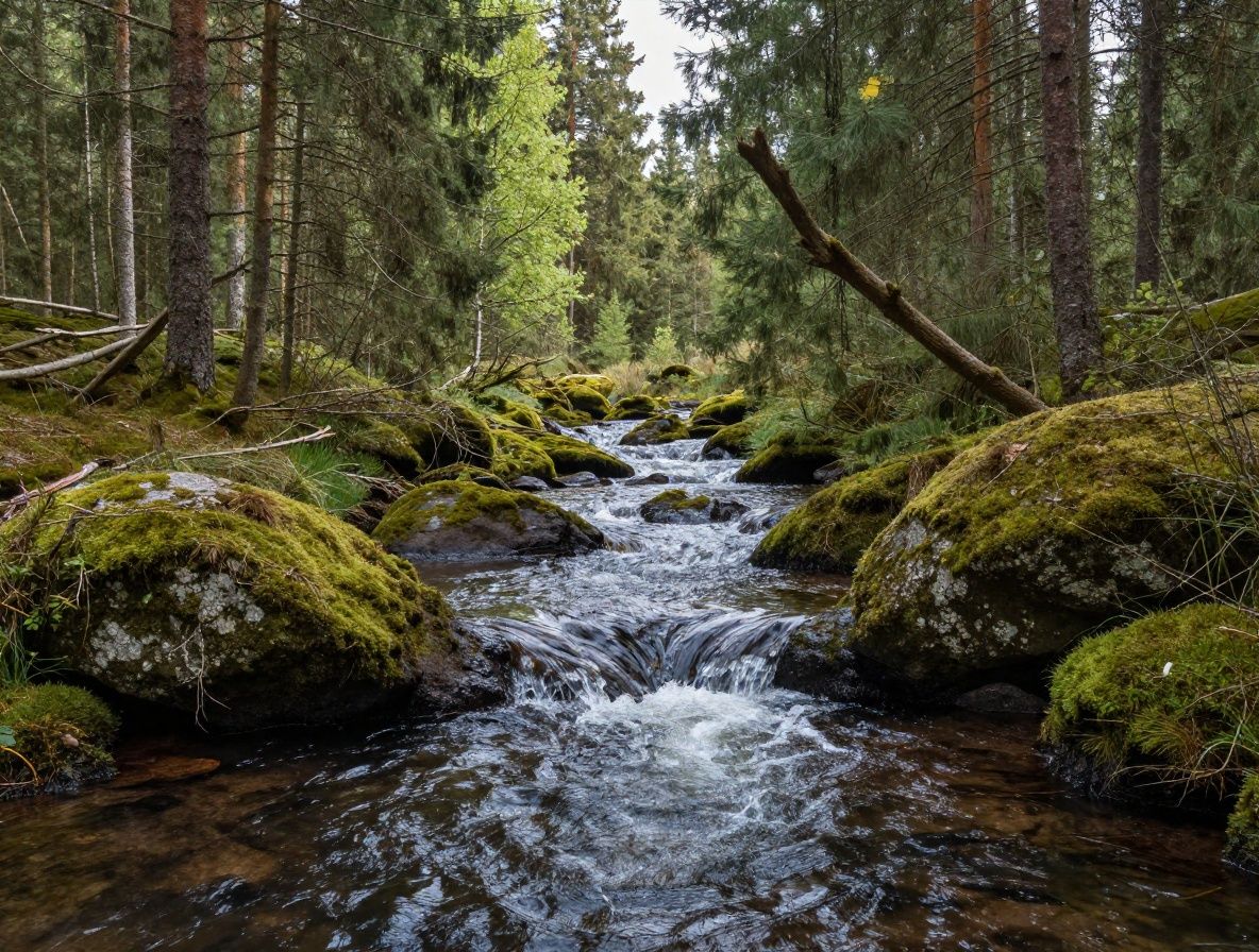 Kristallklart forsande vatten över mossbevuxna stenar i en skogsbäck med gröna lövträd som skapar ett mjukt naturligt ljusfilter i en Skandinavisk skog