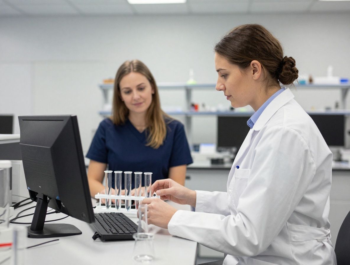 Modernt laboratorieutrymme med polerade stålbänkar, transparenta glasflaskor fyllda med klara vätskor, digital mätutrustning och sterila vita ytor under ljust lysrörsljus