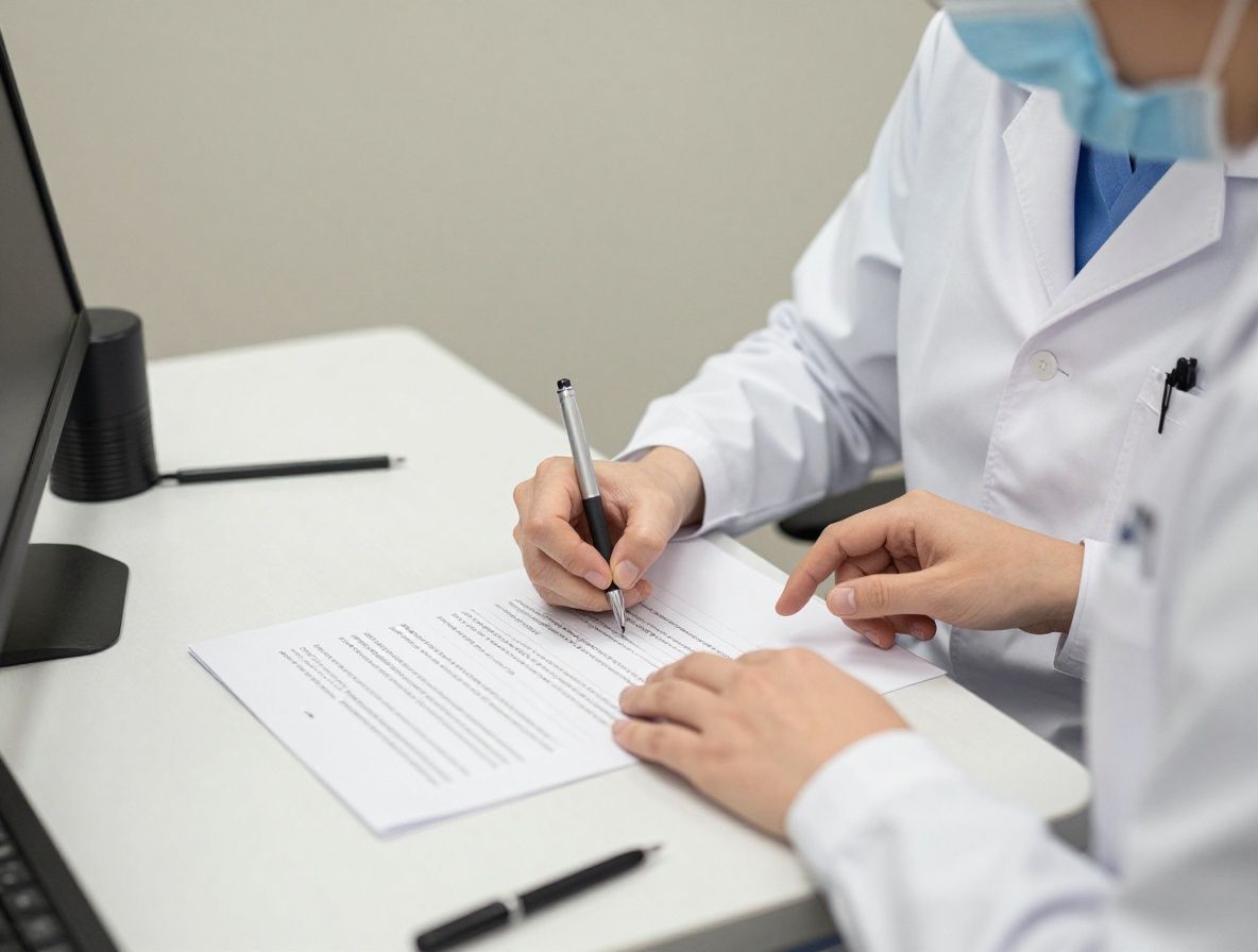 Staplad vetenskaplig dokumentation och datortabletter på ett städat skrivbord med mjukt kontorsljus, som symboliserar regulatorisk granskning och systematisk dokumentation